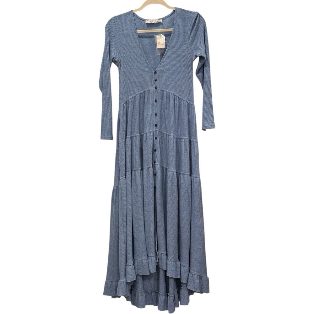 Free People Blue Long Sleeve High Low Button Front Duster Dress Sz S Stretchy